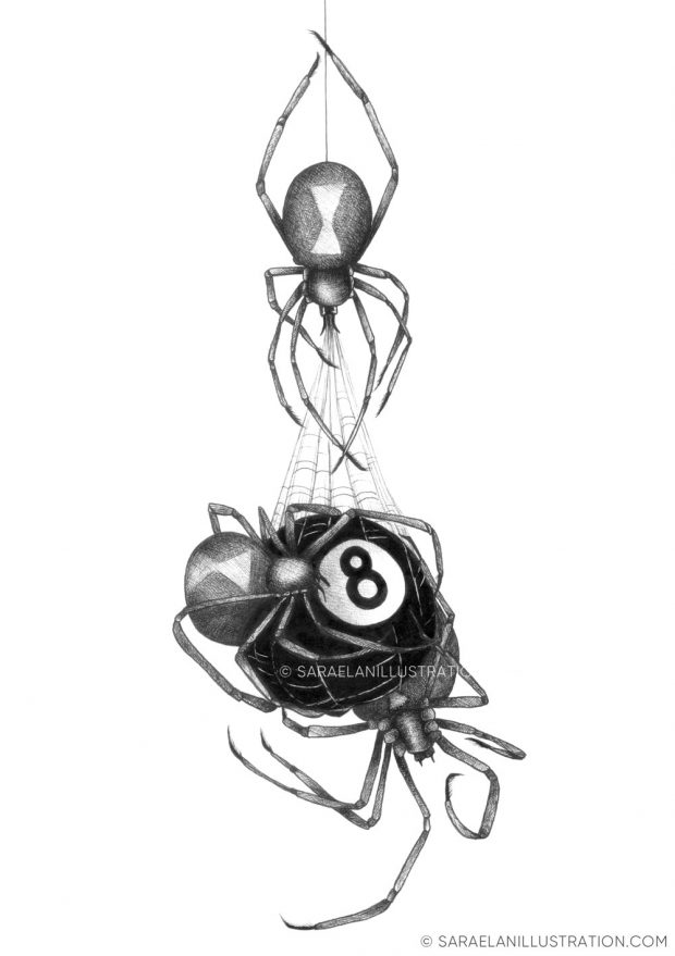 Disegni Inktober 2023 giorno 2 SPIDERS - Disegno in inchiostro di tre ragni vedove nere con una palla nera da biliardo numero 8