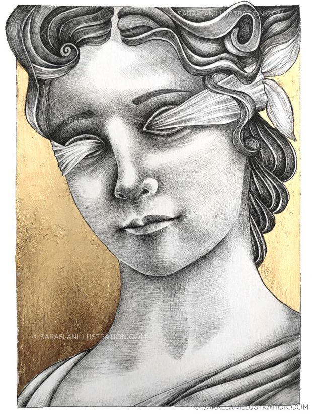 Disegno della dea romana della Fortuna bendata con foglia oro