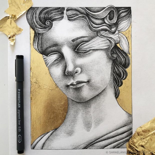 Disegno della dea Fortuna bendata con foglia oro