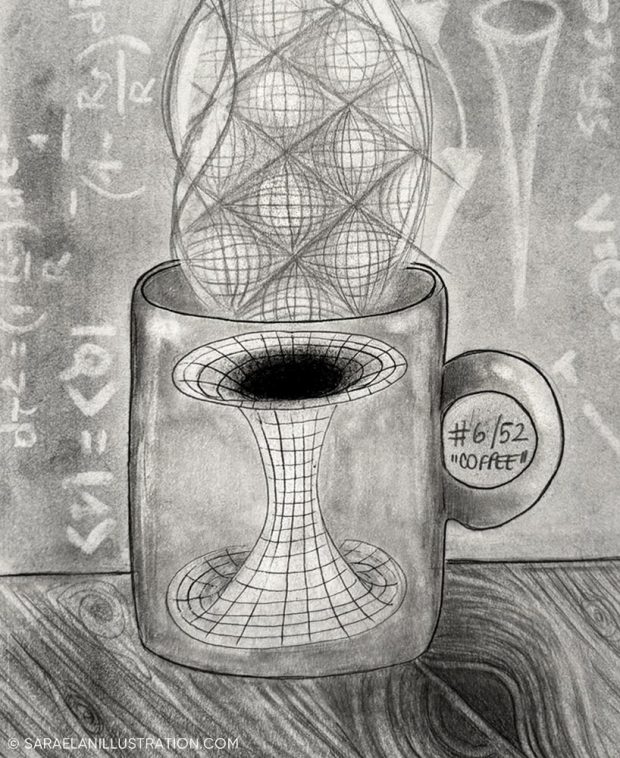 Tazza di caffè con disegno di un buco nero