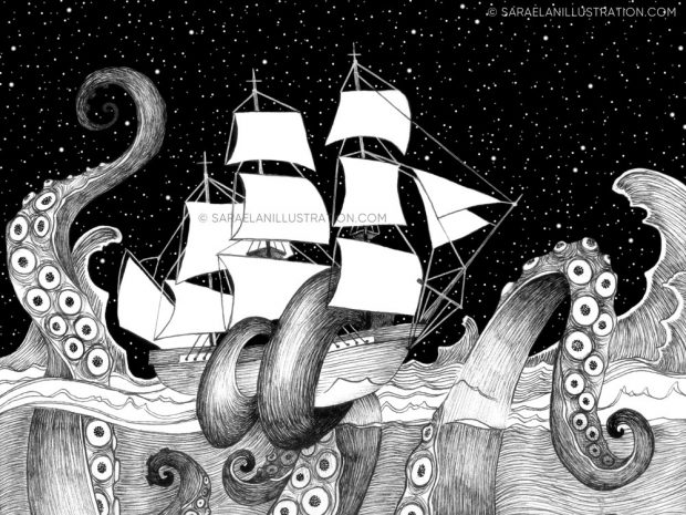 disegno kraken polpo gigante dettaglio nave con tentacoli e cielo stellato