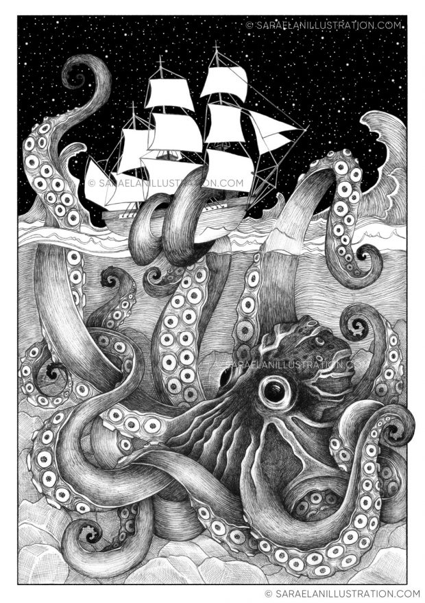 disegno kraken polpo gigante che cattura una nave con tentacoli disegnato con tratteggio e inchiostro