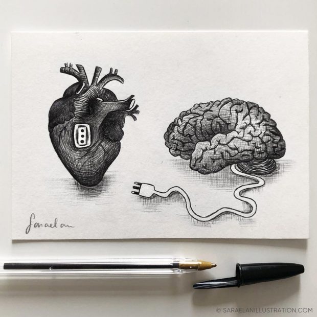 Illustrazione di cuore e cervello con presa e spina elettrica - Disegni a penna Inktober 2021 giorno 26 CONNECT