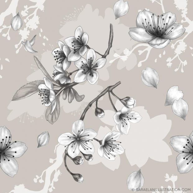Pattern personalizzato con disegno di fiori di ciliegio sakura su sfondo tortora - pattern personalizzati creati per Hasu Lab Design