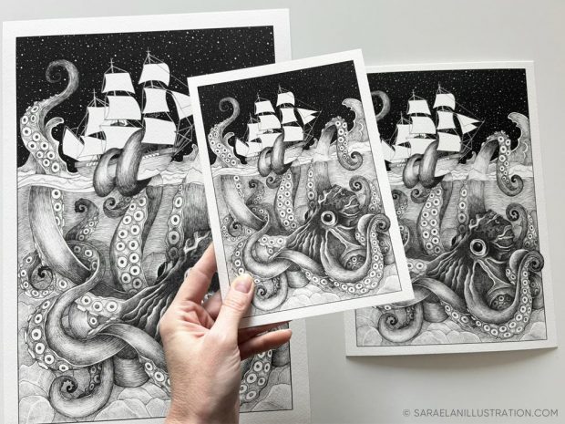 stampe kraken polpo gigante che cattura una nave